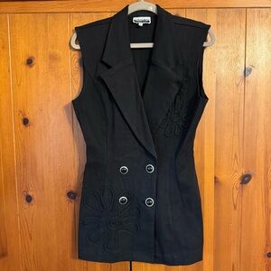 Contempo Casuals Black Double-Breasted Vest with Floral Embroidery